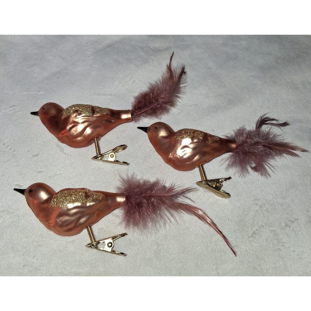 Vintage Clip On Glass Bird Ornaments Lot of 3 Rose Gold Pink Glitter Feather